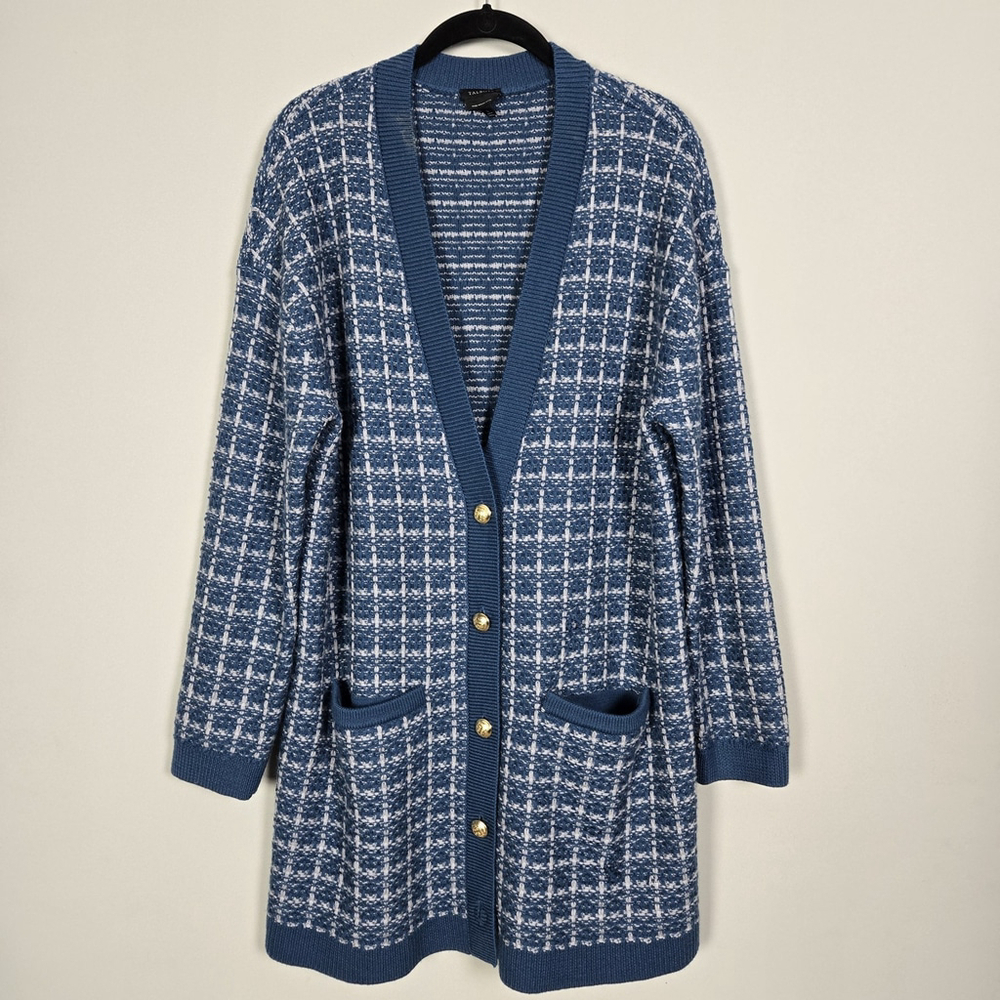 Talbots Womens Merino Wool V Cardigan Large Blue Plaid Textured Old Money Preppy